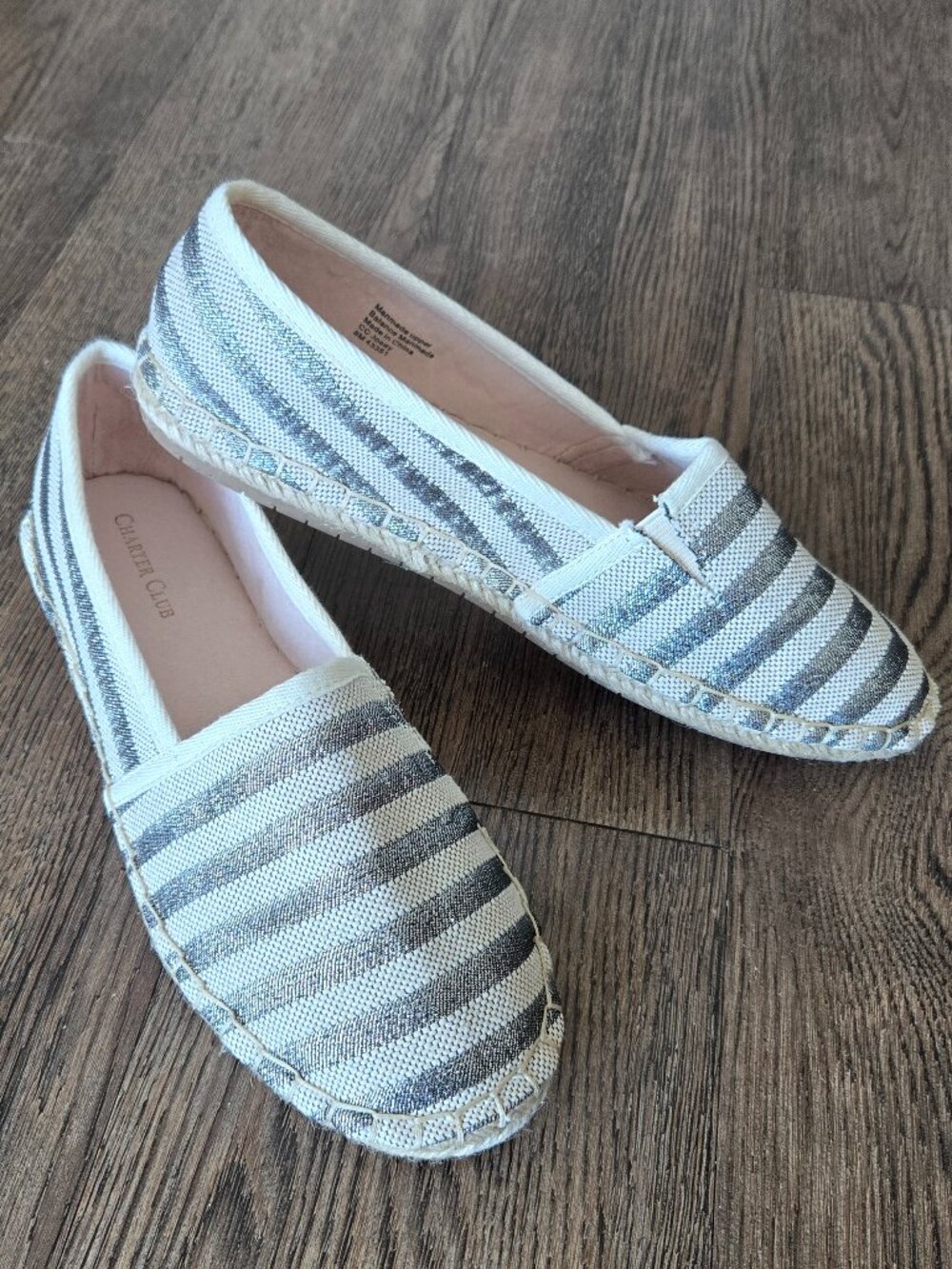 NEW Charter Club Silver Stripe Joey Espadrille Slip On Loafers Size 8